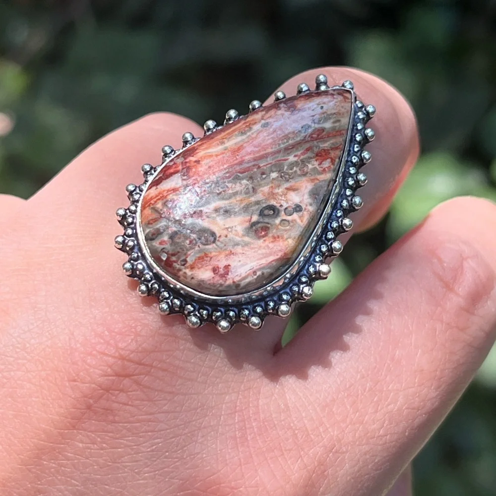 Size 8.25 925‎ silver plated leopard skin jasper ring